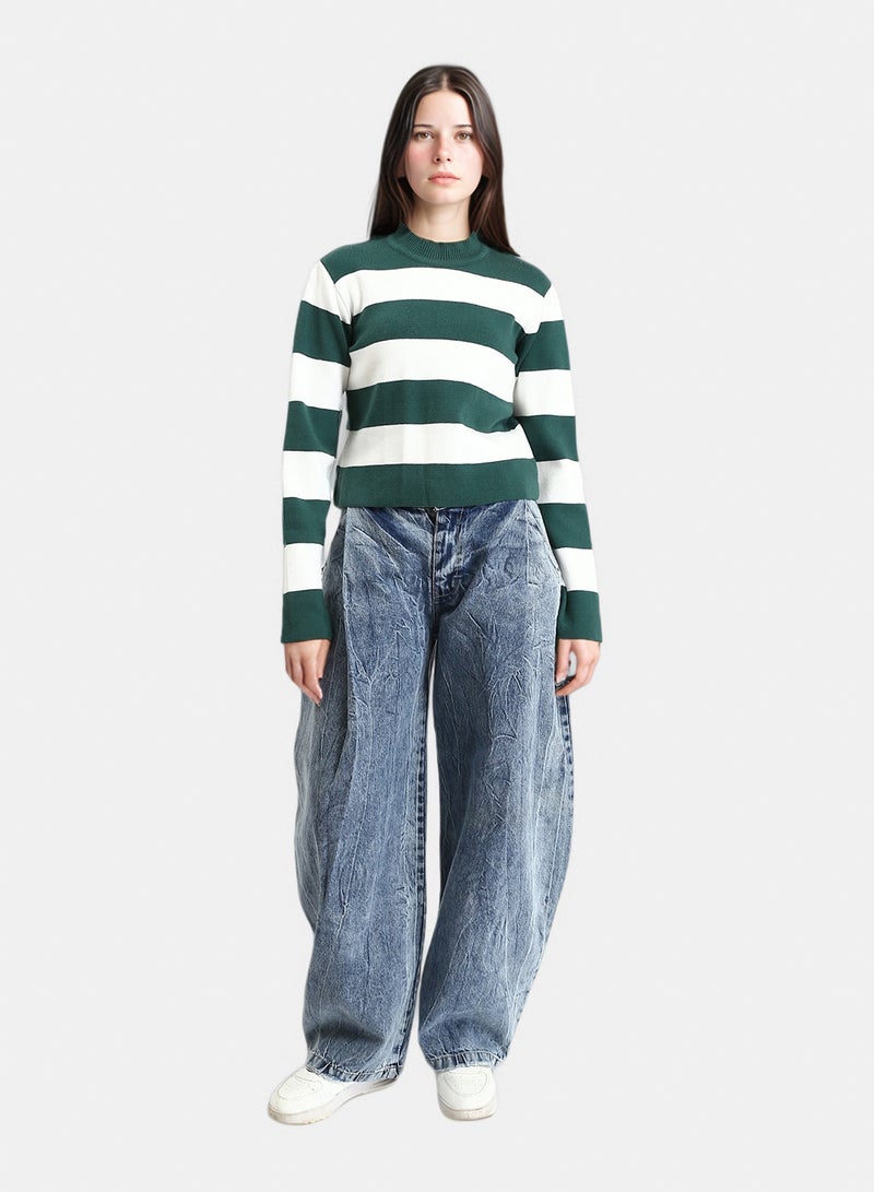 RAVIN Women Bi Tone Awning Striped Pullover Dark Green White - Image 4