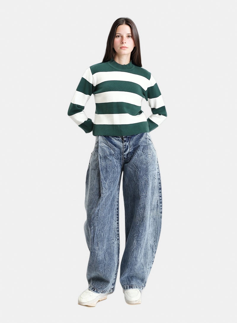 RAVIN Women Bi Tone Awning Striped Pullover Dark Green White - Image 5