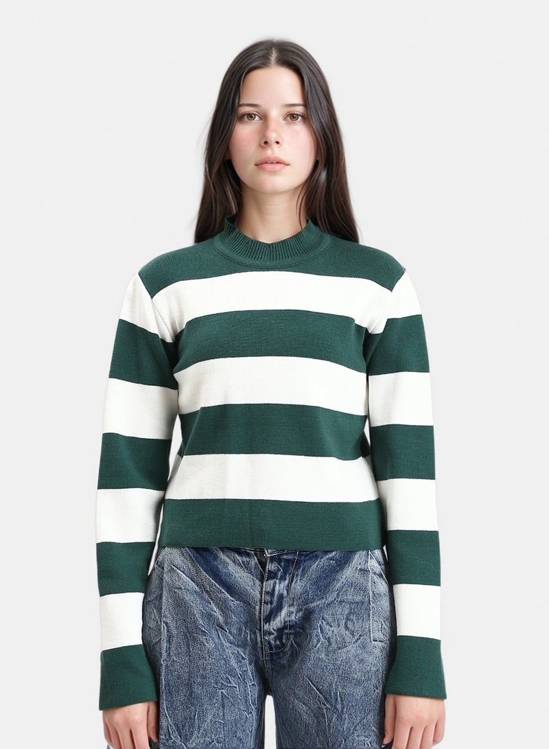 RAVIN Women Bi Tone Awning Striped Pullover Dark Green White - Image 1