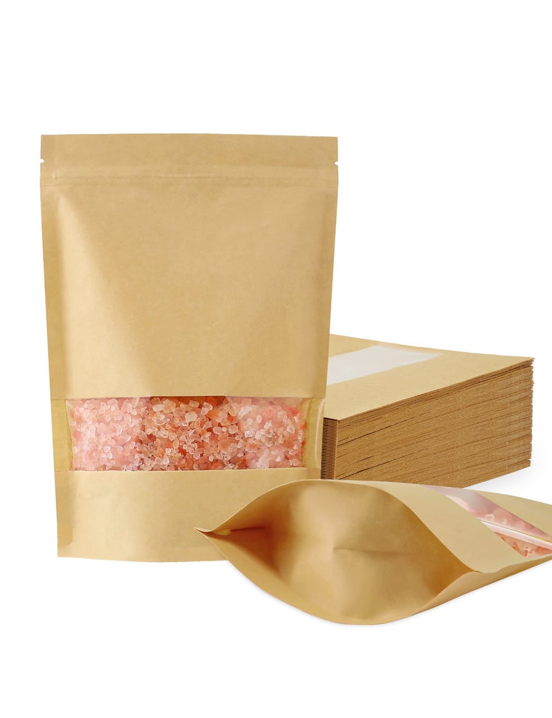 FireKylin 100 Pcs Kraft Paper Bags with Window 79 x 118 Stand Up Pouches Bags Zip Lock Food Storage Bags for Packaging Products Reusable Sealable
