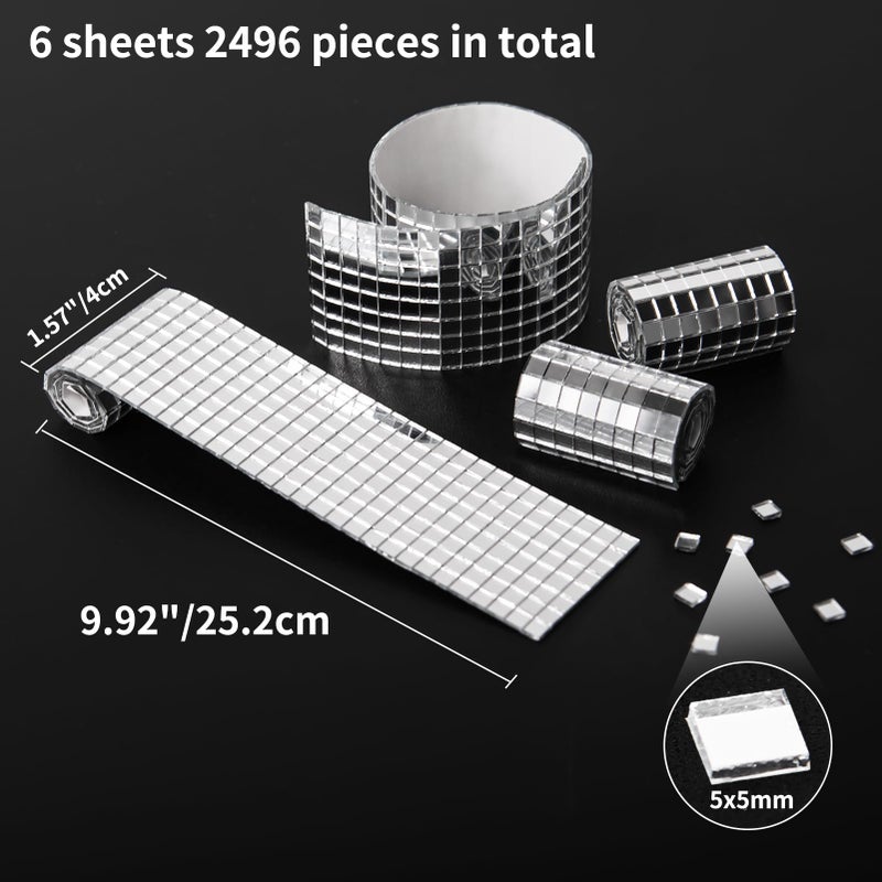 Art3dwallpanels 6 Pack Self-Adhesive Glass Mirror Mosaic Tiles 2364 Pieces Small Square Mirror Tiles Sticker for DIY Craft Decoration, Disco Ball Silver - Image 2