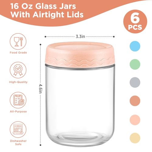 DRKIO 16 Oz Overnight Oats Containers with Lids - 6 Pack Glass Storage Jars with Airtight Lids Wide Mouth Mason Food Jars Great for Meal Prep Salad Chia Pudding Snacks Yogurt Sugar Spice Cereal - Image 2