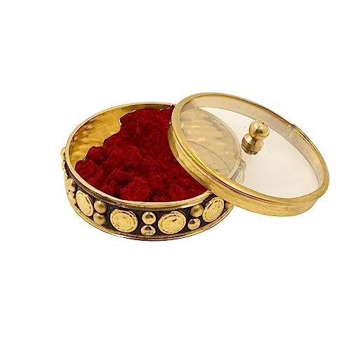 Spillbox Brass Box Pooja | Puja | Roli | Chawal | Chandan | Haldi | Kumkum Puja Box | Sindoor | Turmeric | Dabbi | Dibbi | Dhani | Dani Lid Holder - Acralic Black Kumkum (2) - Image 1