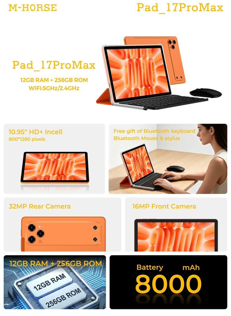 M-HORSE Pad_17ProMax 10.95-Inch HD+ Tablet, 12GB RAM, 256GB Storage, 8000mAh Battery, 32MP Rear Camera, 16MP Front Camera, Wi-Fi 2.4GHz/5GHz, Includes Bluetooth Keyboard, Mouse & Stylus – Orange - Image 4