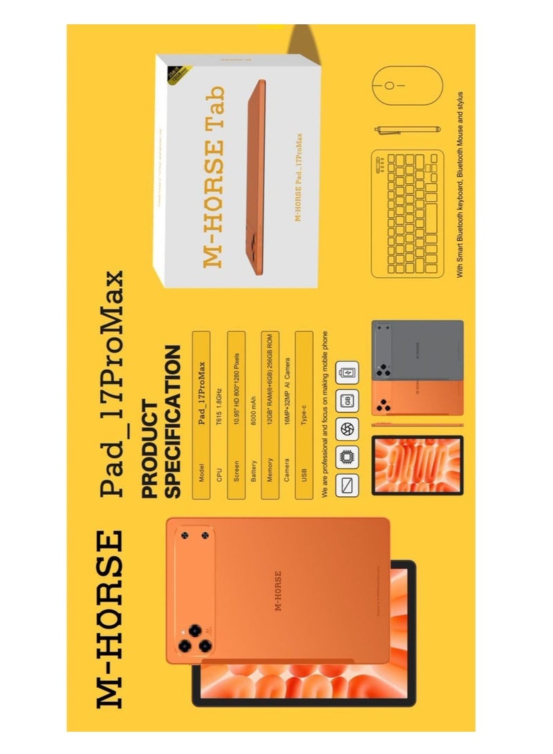 M-HORSE Pad_17ProMax 10.95-Inch HD+ Tablet, 12GB RAM, 256GB Storage, 8000mAh Battery, 32MP Rear Camera, 16MP Front Camera, Wi-Fi 2.4GHz/5GHz, Includes Bluetooth Keyboard, Mouse & Stylus – Orange - Image 3