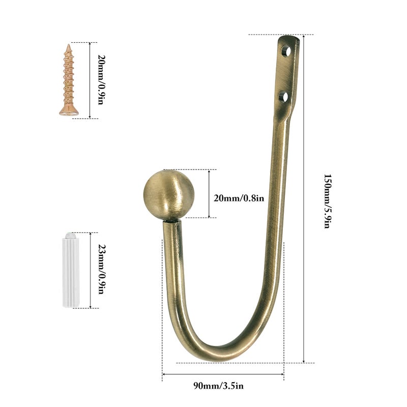 HEMOUR Curtain Holdback, 4 Pcs Wall Mounted Drapery Tiebacks with Screws, Heavy Duty Metal Decorative Window Drapery Holder Curtain Hook, Brass - Image 3