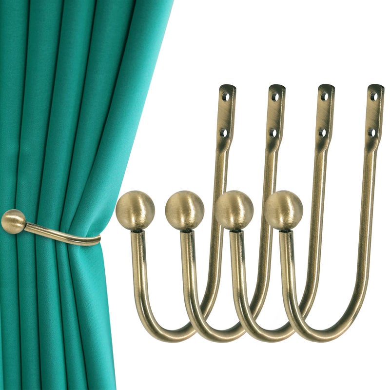 HEMOUR Curtain Holdback, 4 Pcs Wall Mounted Drapery Tiebacks with Screws, Heavy Duty Metal Decorative Window Drapery Holder Curtain Hook, Brass - Image 1