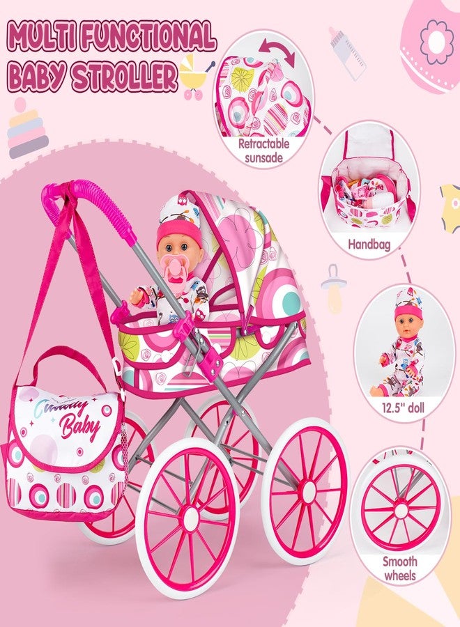 Dreamon Baby Doll Stroller Toy Set with 12.5'' Doll, Diaper Changing, 2 Doll Clothes, Pacifier, Storage Bag, Baby Doll Accessories and Toy Baby Stroller for Girls Toddlers 3-5 4-6 5-7 Gifts for Pretend Play - Image 5