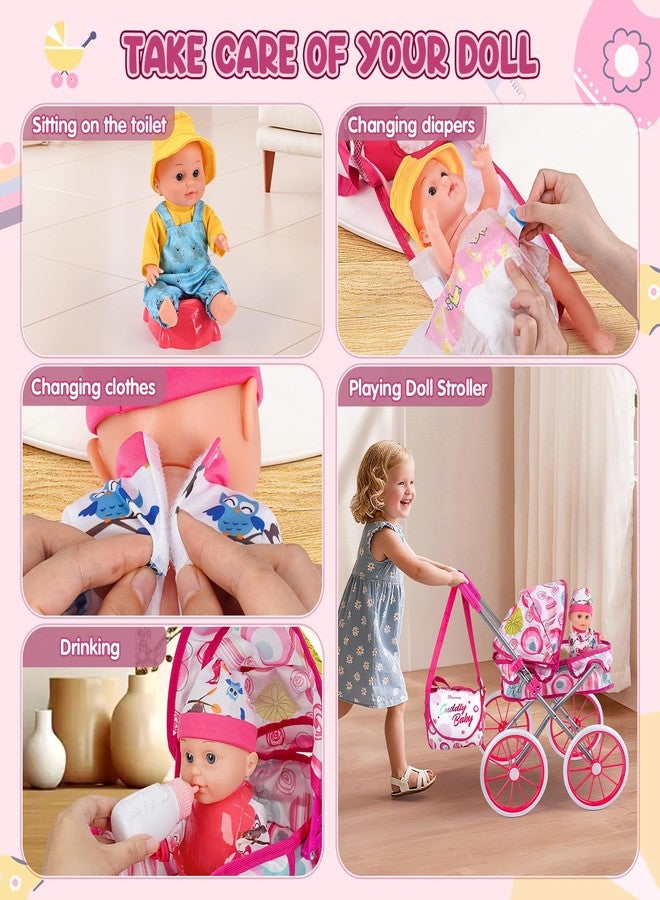 Dreamon Baby Doll Stroller Toy Set with 12.5'' Doll, Diaper Changing, 2 Doll Clothes, Pacifier, Storage Bag, Baby Doll Accessories and Toy Baby Stroller for Girls Toddlers 3-5 4-6 5-7 Gifts for Pretend Play - Image 4