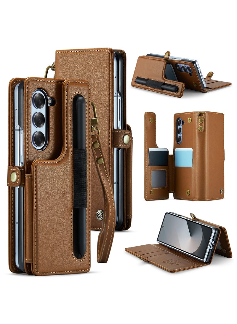 CaseMe Wallet Case for Samsung Galaxy Z Fold 6 5G Premium Handmade Durable PU Leather Slim Shockproof Case with [Double Magnetic Clasp] [Card Holder] [Kickstand] [RFID Blocking] (Brown) - Image 1