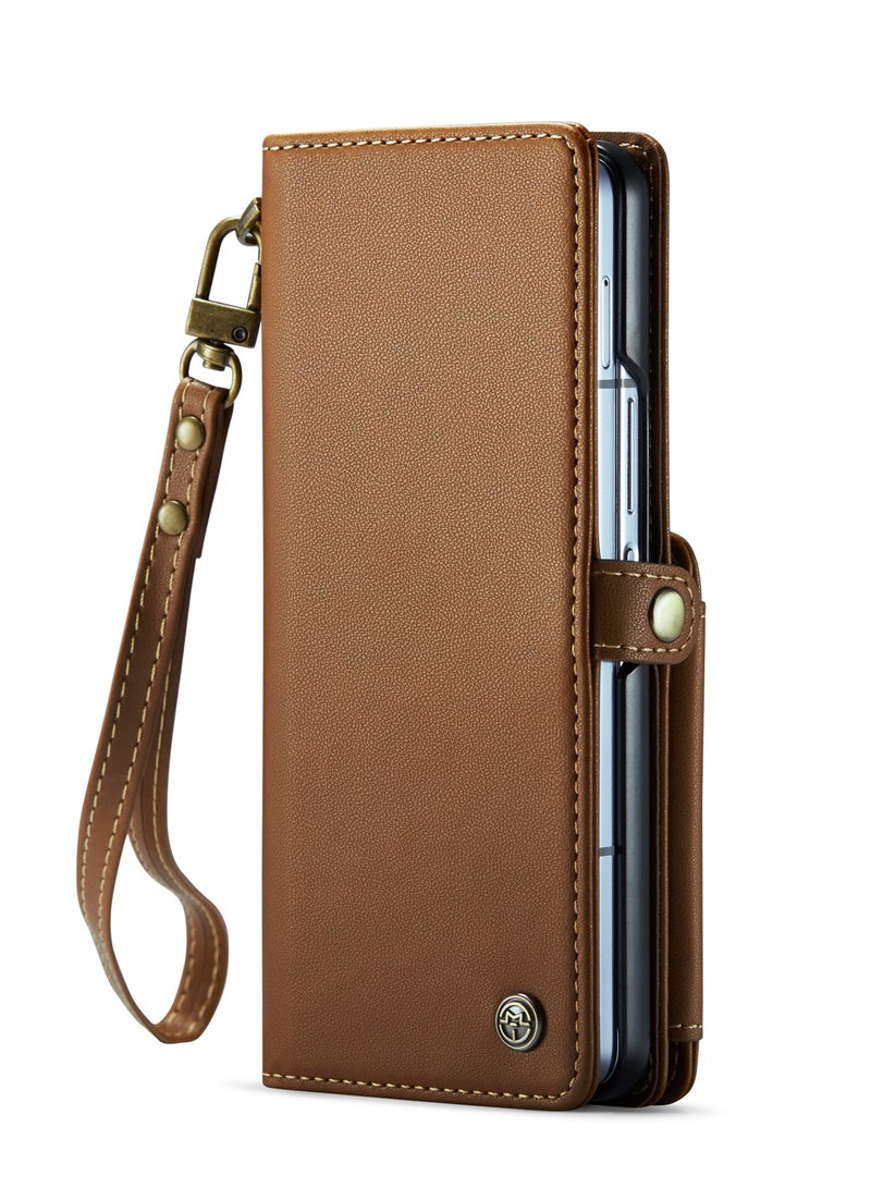 CaseMe Wallet Case for Samsung Galaxy Z Fold 6 5G Premium Handmade Durable PU Leather Slim Shockproof Case with [Double Magnetic Clasp] [Card Holder] [Kickstand] [RFID Blocking] (Brown) - Image 2