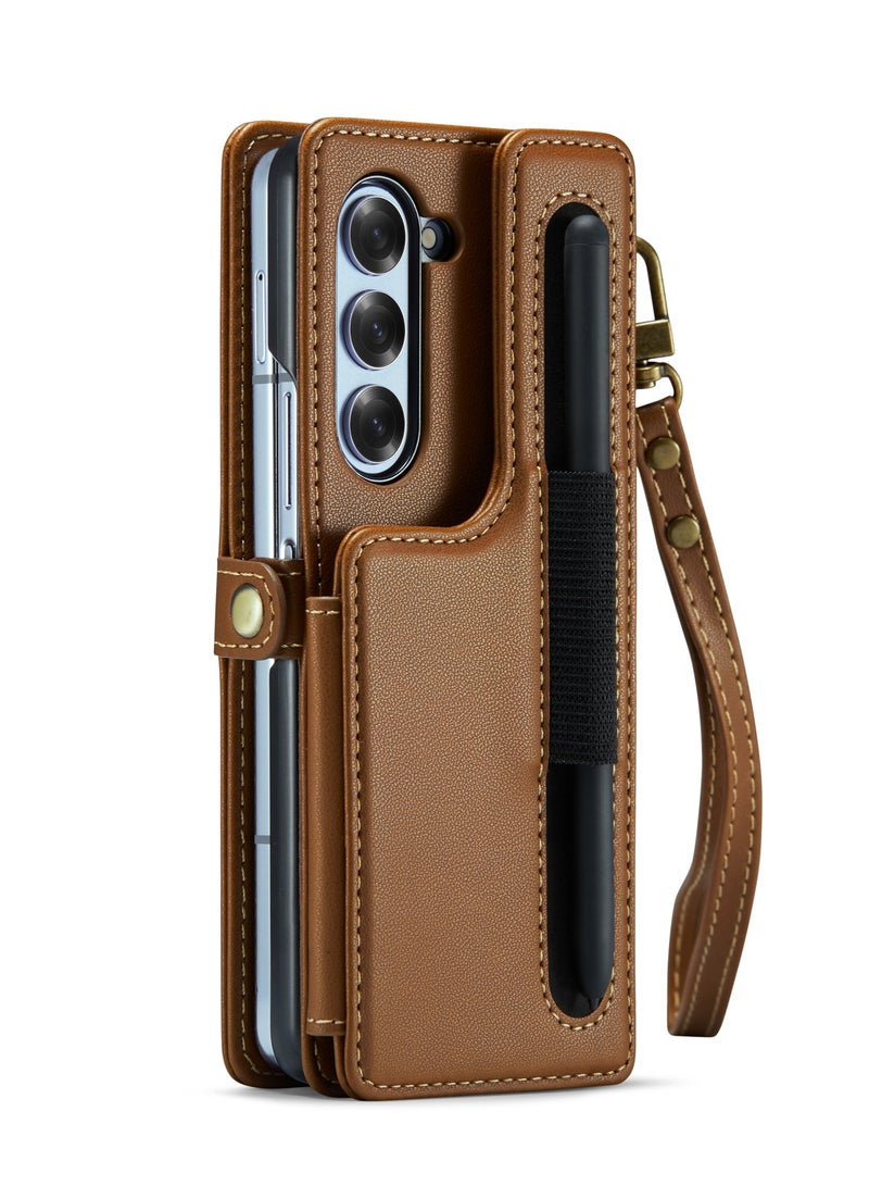 CaseMe Wallet Case for Samsung Galaxy Z Fold 6 5G Premium Handmade Durable PU Leather Slim Shockproof Case with [Double Magnetic Clasp] [Card Holder] [Kickstand] [RFID Blocking] (Brown) - Image 3