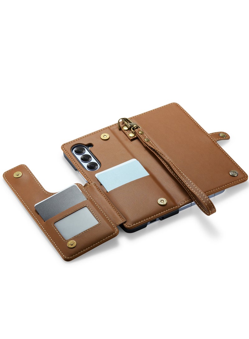 CaseMe Wallet Case for Samsung Galaxy Z Fold 6 5G Premium Handmade Durable PU Leather Slim Shockproof Case with [Double Magnetic Clasp] [Card Holder] [Kickstand] [RFID Blocking] (Brown) - Image 4