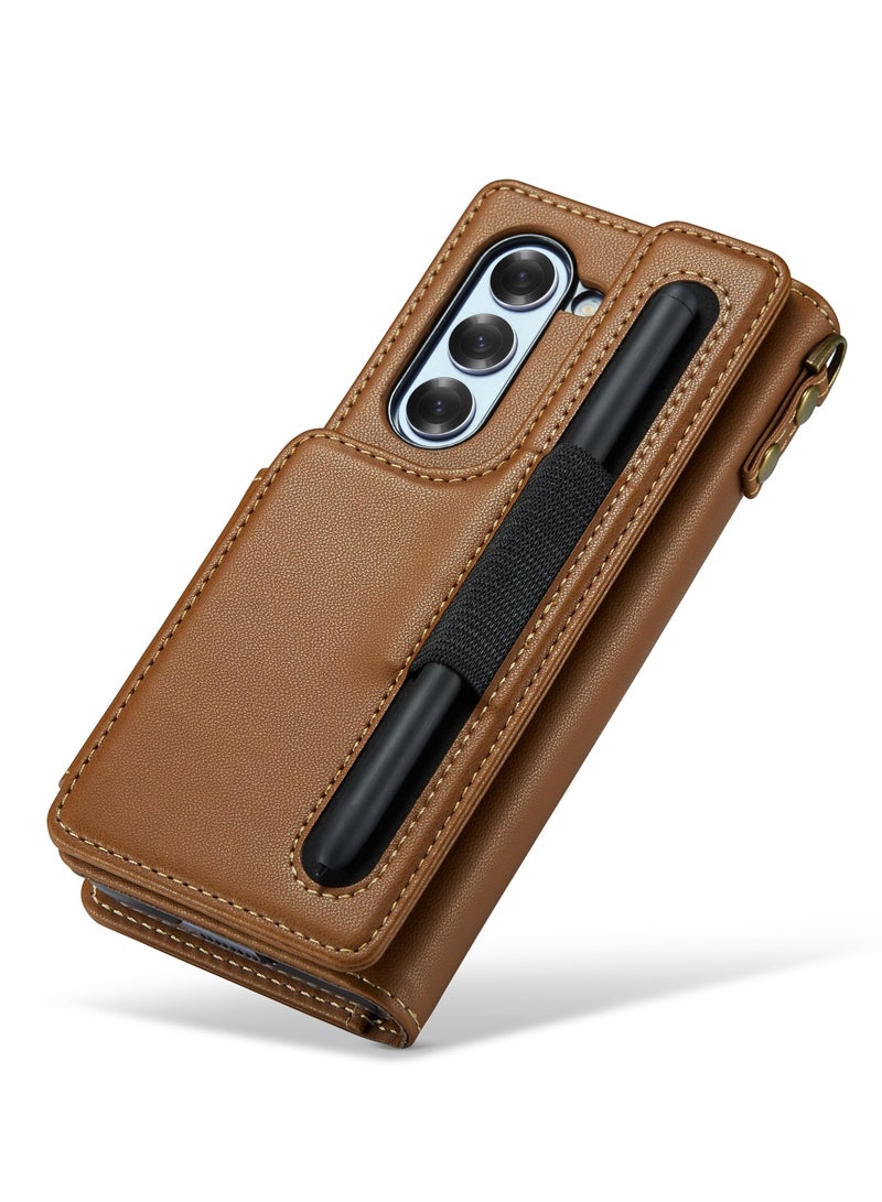 CaseMe Wallet Case for Samsung Galaxy Z Fold 6 5G Premium Handmade Durable PU Leather Slim Shockproof Case with [Double Magnetic Clasp] [Card Holder] [Kickstand] [RFID Blocking] (Brown) - Image 5