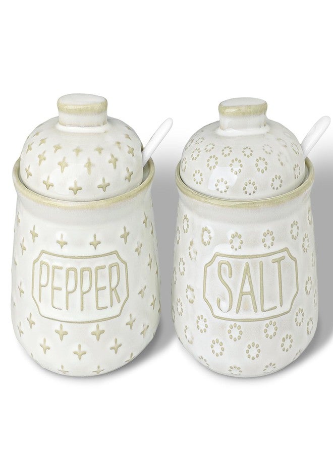 GDCZ 10 Oz Ceramic Salt and Pepper Bowls Set with Lid and Spoons, Seasoning Container, Dishwasher Safe, Set of 2 (White) - Image 1