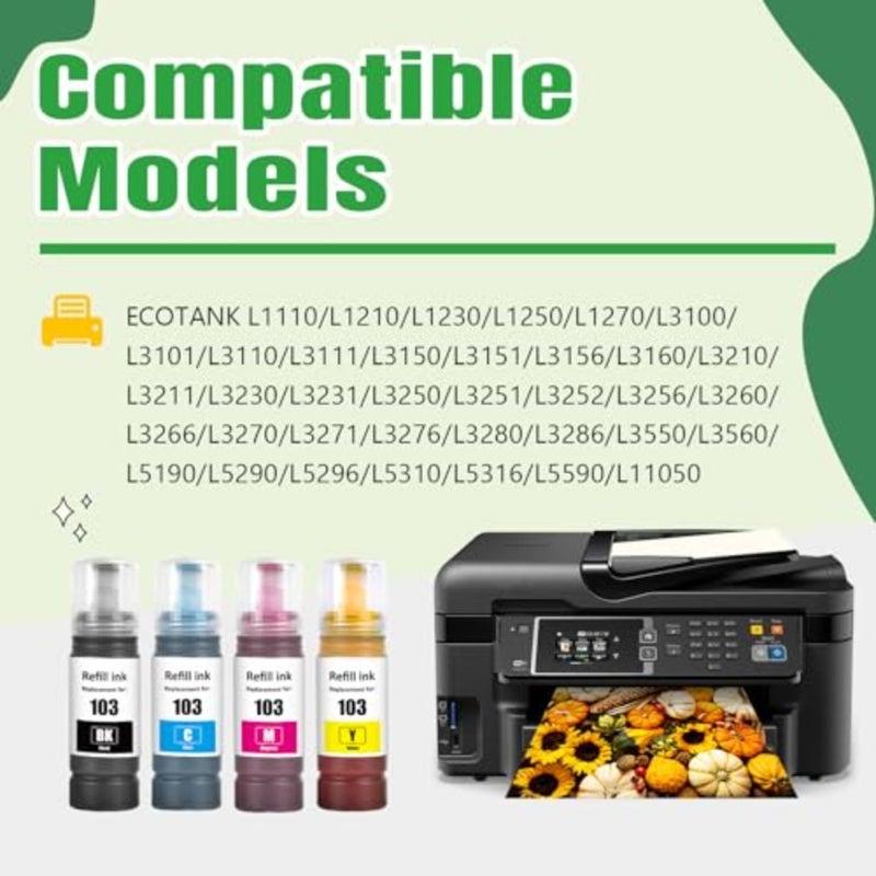 103 زجاجات حبر متوافقة مع Epson EcoTank L1110 L1210 L1230 L1250 L1270 L3100 L3101 L3110 L3111 L3150 L3151 L3156 L3160 L3210 L3211 L3230 L3231 L3250 L3251 L3252 - Image 2
