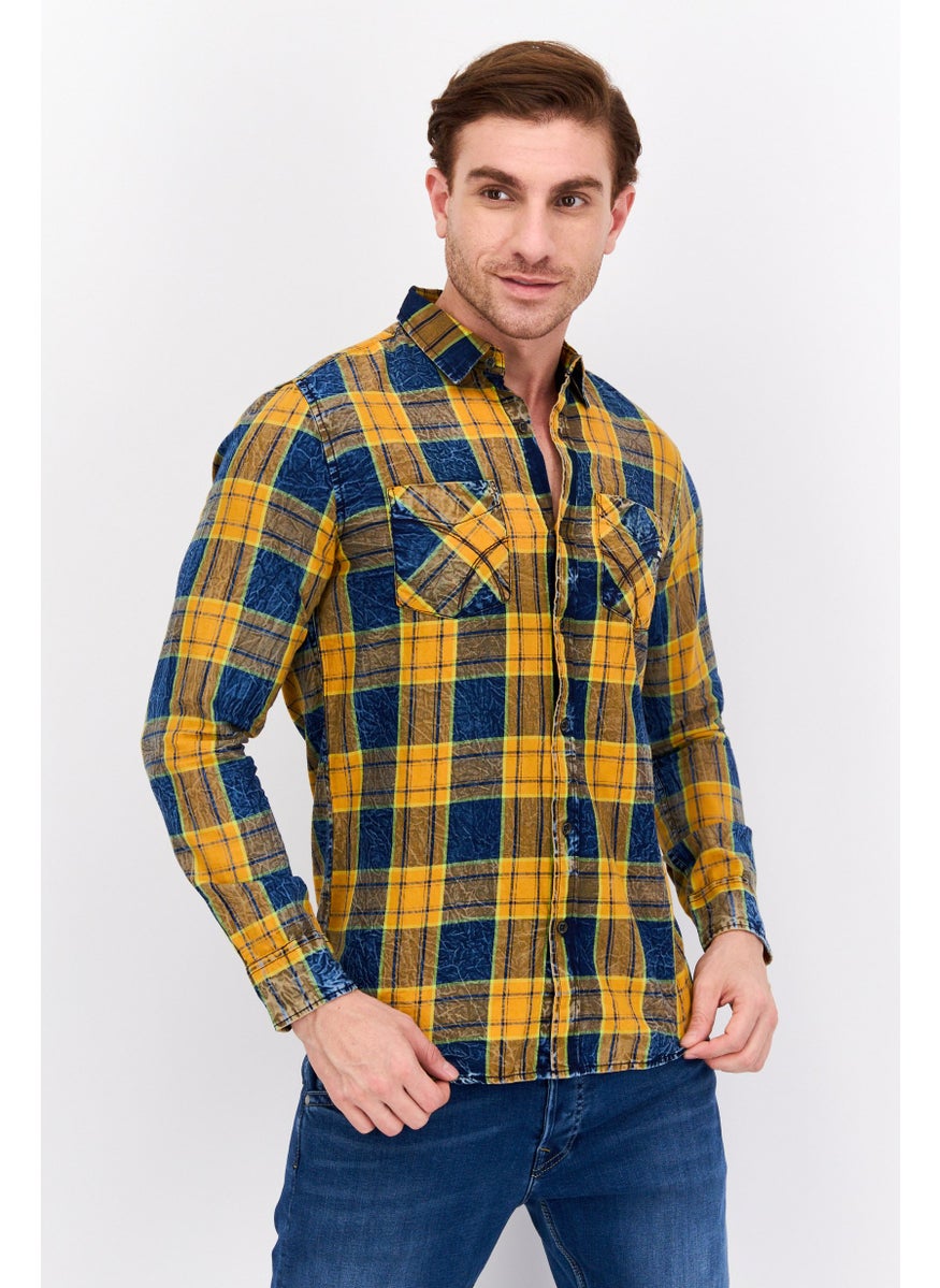 GAS - Men Regular Fit Plaid Long Sleeves Casual Shirt, Yellow Combo - Image 1