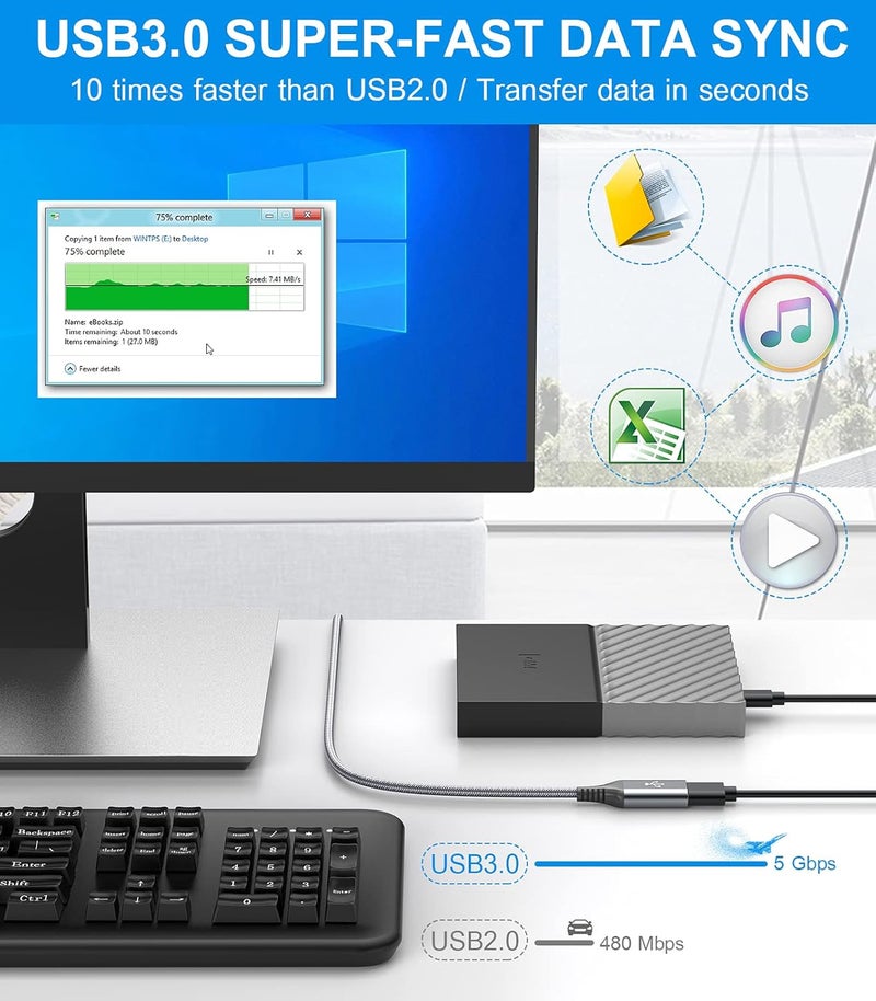 sweguard USB 3.0 Extension Cable 1M, Type A Male to Type A Female, USB Extender Cord, High-Speed Data Transfer (5Gbps) for Printer, Scanner, Camera, Hard Drive, USB Disk, Mouse, Xbox, Keyboard-Grey - Image 4