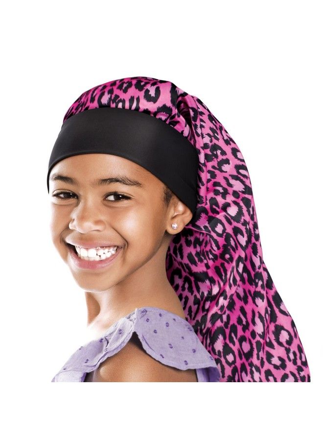 Red by Kiss Kids Satin Braid Bonnet Comfy Wide Band For Long Hair Long Braids (Pink Leopard) - Image 1