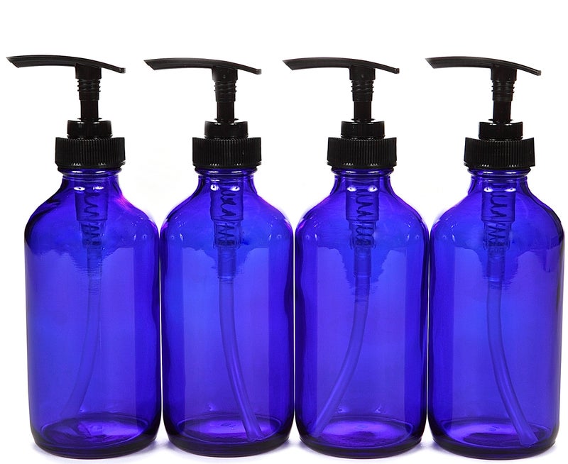 Vivaplex, 4, Large, 8 oz, Empty, Cobalt Blue Glass Bottles with Black Lotion Pumps - Image 1
