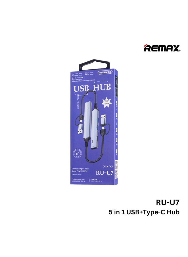 Aluminum Alloy 5-in-1 USB Hub – USB 3.0 & Type-C Splitter with SD/TF Card Reader, High-Speed Data Transfer