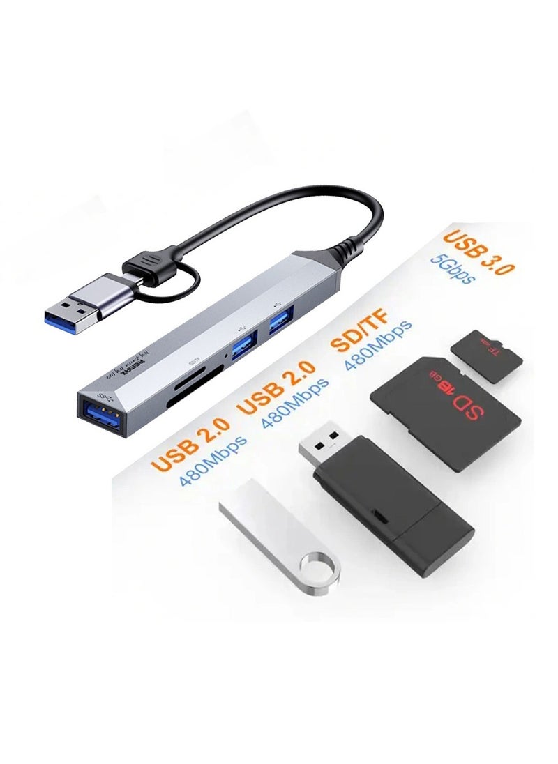 Aluminum Alloy 5-in-1 USB Hub – USB 3.0 & Type-C Splitter with SD/TF Card Reader, High-Speed Data Transfer