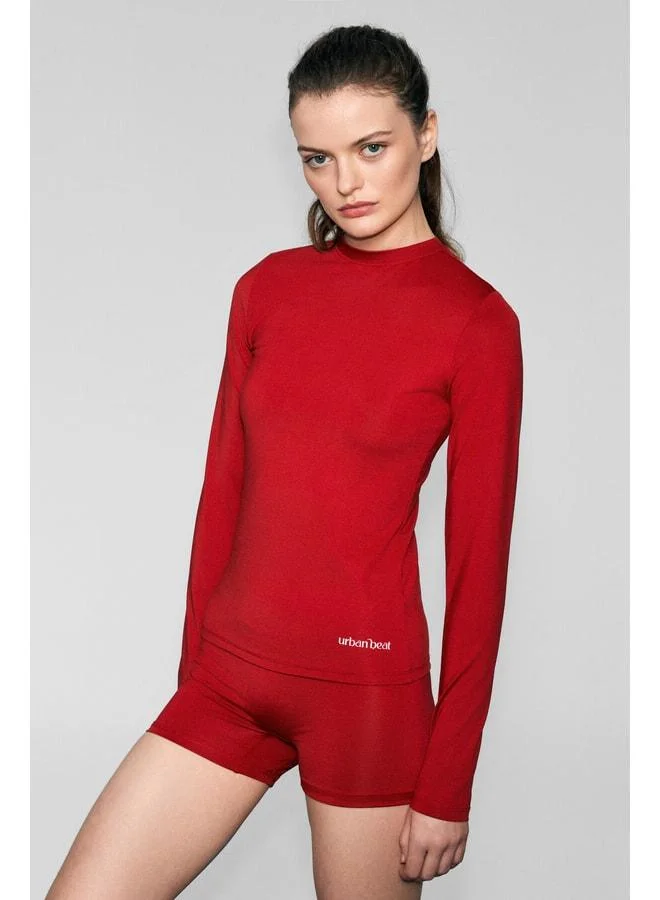 URBAN BEAT COREX Women's Red Slim Fit Long Sleeve Sports T-Shirt with Round Neck and Print Details