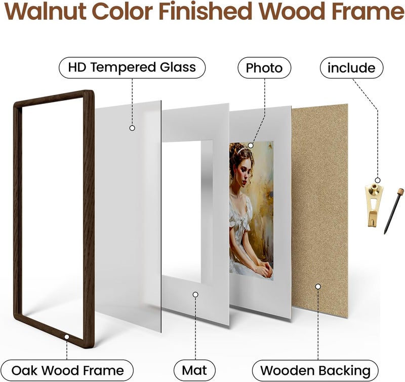Heimlove 16x24 Picture Frame Natural Oak Wood From California-USA Walnut Color Finished with Real Tempered Glass, Handcrafted 16 x 24 Poster Frame Matted to 12x18 Photo,Certificate,Degree,Graduation Display - Image 4