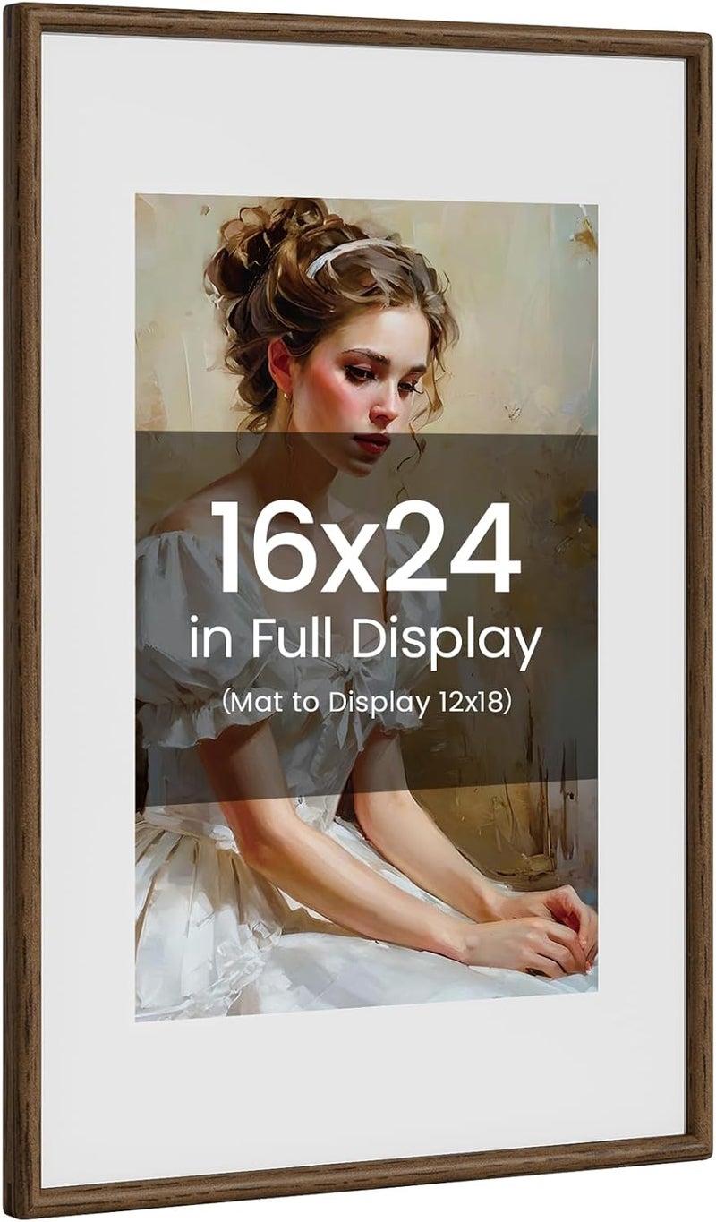 Heimlove 16x24 Picture Frame Natural Oak Wood From California-USA Walnut Color Finished with Real Tempered Glass, Handcrafted 16 x 24 Poster Frame Matted to 12x18 Photo,Certificate,Degree,Graduation Display - Image 1