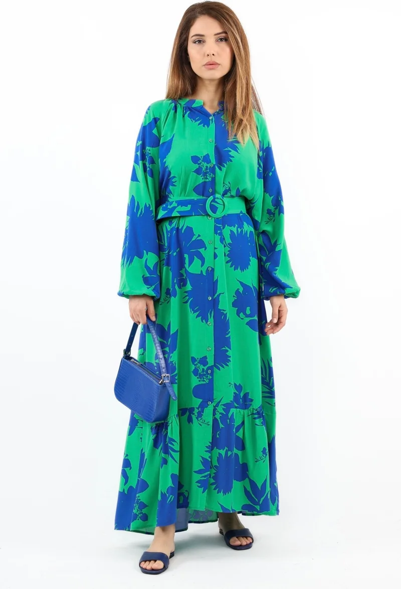 Ritnice Prive Women's Melisa 100% Viscose Green Long Dress with Belt