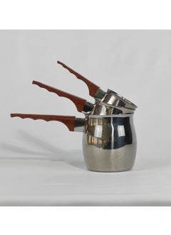 HTH Set of 3 Stainless Steel Classic Turkish Coffee Pots Wood Long Handle Coffee Warmer Milk Pot  - Image 1