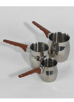 HTH Set of 3 Stainless Steel Classic Turkish Coffee Pots Wood Long Handle Coffee Warmer Milk Pot  - Image 2