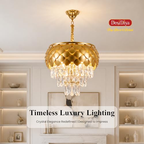 Desidiya Chandelier Lights for Ceiling 400 MM Golden Pineapple Shape 3-Tier K9 Glass Crystal Chandeliers for Living Room Smart 3 Mode LED Light Plate Jhumar Designer Bedroom and Dining Room - Image 2