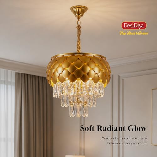 Desidiya Chandelier Lights for Ceiling 400 MM Golden Pineapple Shape 3-Tier K9 Glass Crystal Chandeliers for Living Room Smart 3 Mode LED Light Plate Jhumar Designer Bedroom and Dining Room - Image 4