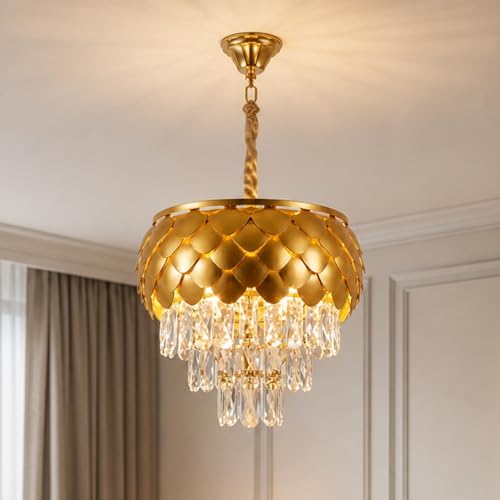 Desidiya Chandelier Lights for Ceiling 400 MM Golden Pineapple Shape 3-Tier K9 Glass Crystal Chandeliers for Living Room Smart 3 Mode LED Light Plate Jhumar Designer Bedroom and Dining Room - Image 1