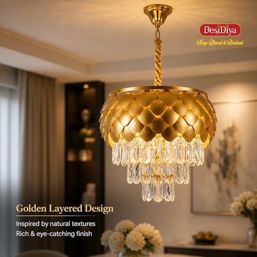 Desidiya Chandelier Lights for Ceiling 400 MM Golden Pineapple Shape 3-Tier K9 Glass Crystal Chandeliers for Living Room Smart 3 Mode LED Light Plate Jhumar Designer Bedroom and Dining Room - Image 3