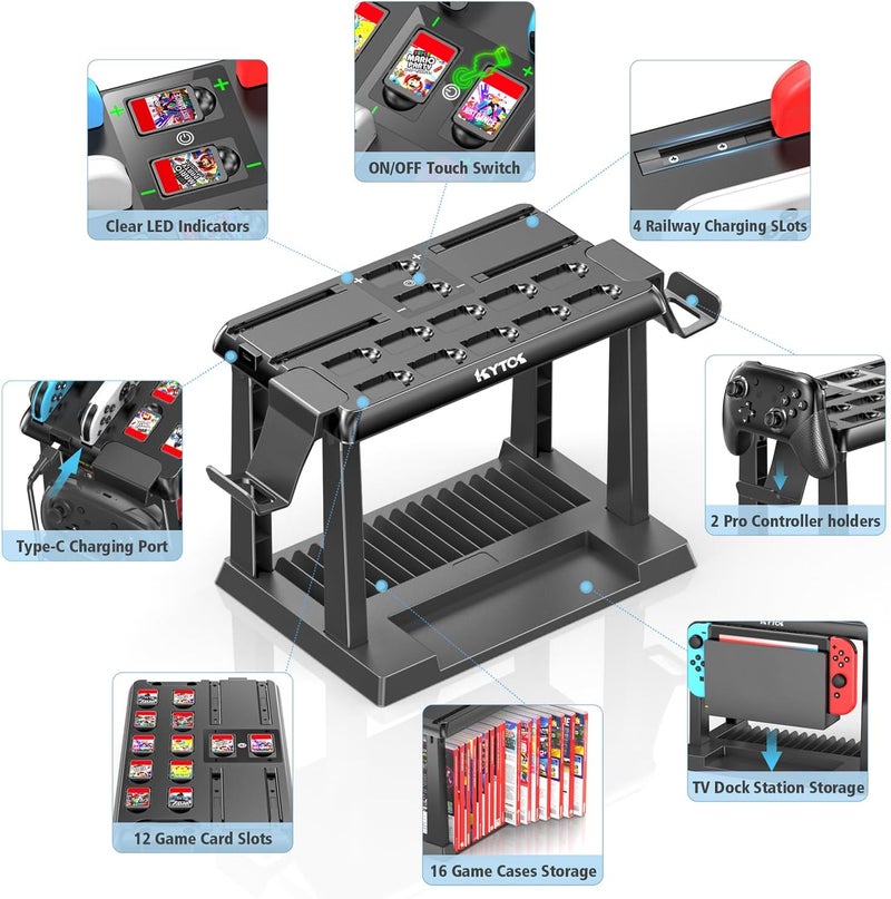 Kytok محطة شحن لوحدات تحكم Switch مع تخزين ألعاب التبديل، محطة شحن Joycons لـ Switch / OLED، تخزين Switch لألعاب Switch، قاعدة التلفزيون، وحدة تحكم Pro، ملحقات Switch - Image 4