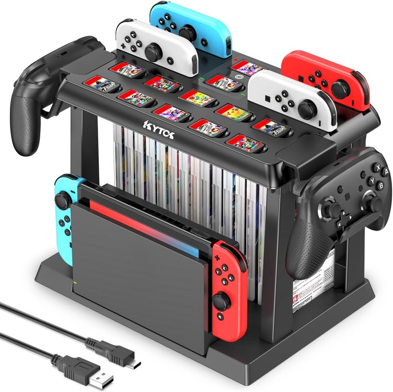 Kytok محطة شحن لوحدات تحكم Switch مع تخزين ألعاب التبديل، محطة شحن Joycons لـ Switch / OLED، تخزين Switch لألعاب Switch، قاعدة التلفزيون، وحدة تحكم Pro، ملحقات Switch - Image 1