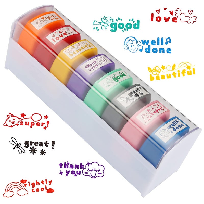 Tmtains 8Pcs Teacher Stamps for Grading Classroom Teacher Supplies Selfinking Motivational Encouraging Comments Colorful Stamp Set for Parent Signature School Teacher Review Homework Reward with Tray