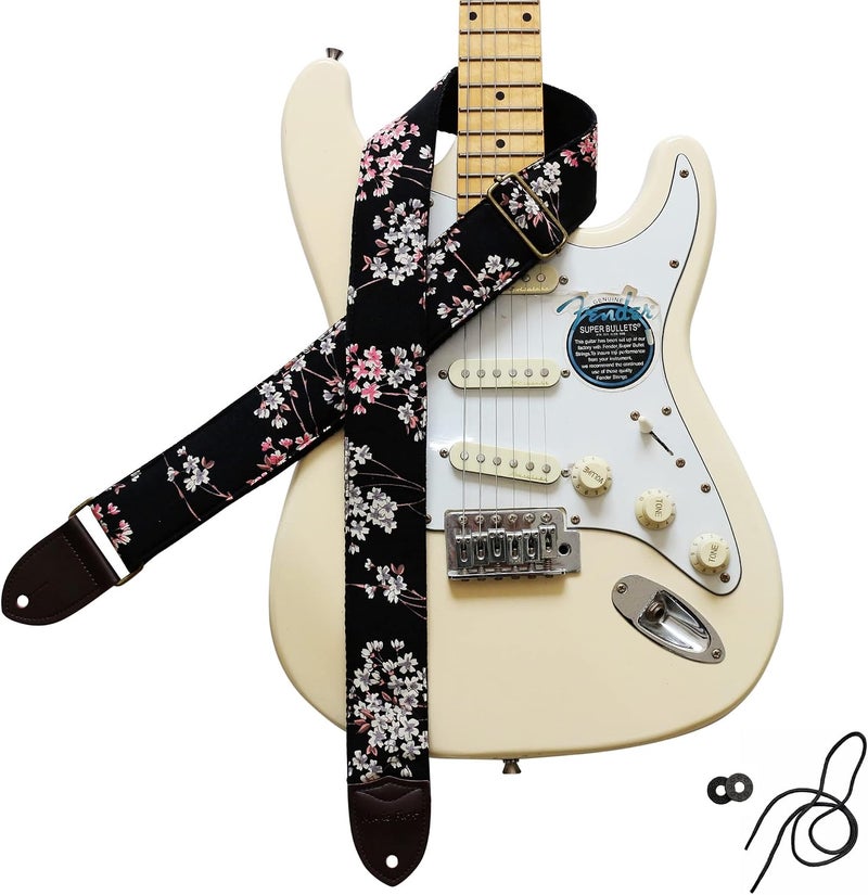 MUSIC FIRST Vintage Ukiyoe Style Five-Petal Lilac Electric Guitar Strap - Image 1