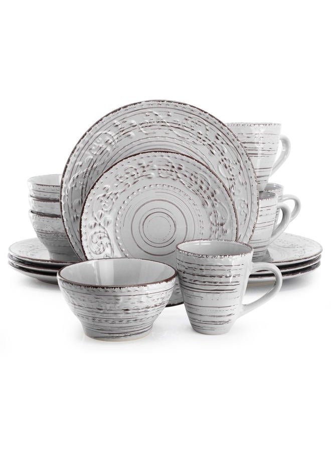 Elama Malibu Calcite 16-Piece Stoneware Embossed Pattern Reactive Glaze Light Gray Dinnerware Set, Tableware, Serveware Set (Calcite Gray) - Image 1