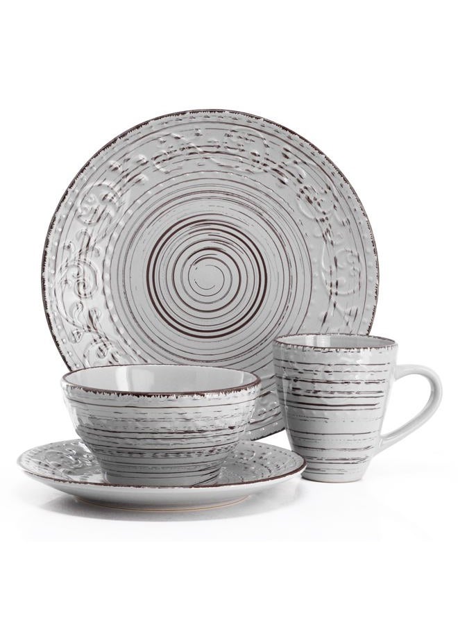 Elama Malibu Calcite 16-Piece Stoneware Embossed Pattern Reactive Glaze Light Gray Dinnerware Set, Tableware, Serveware Set (Calcite Gray) - Image 2