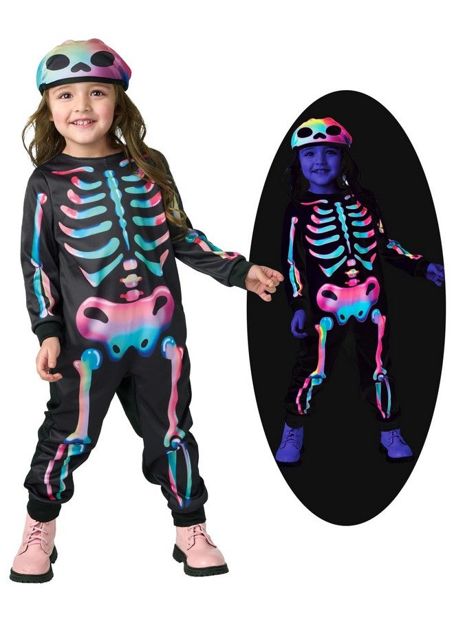 Seasons Rainbow Skeleton Costume With Hat For Toddler 2-4T, Black-Light Responsive, Halloween Cosplay Costume (Girls) - Image 1