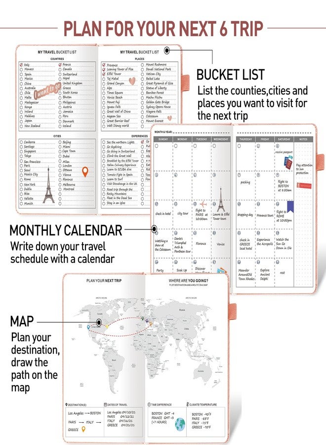 JUBTIC Travel Journal for Women & Men, Vacation Planner with Pockets for Keepsakes, Travel Notebook for 6 Trips, Trip Planner Travel Gifts (Rose Gold) - Image 3