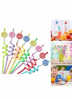 Excefore Reusable Straws Plastic, 8Pcs Reusable Ice Cream Straws, Drinking Straws for Birthday Party Decorations, Ice Cream Theme Party Cute Curved Straw for Hawaiian Summer Beach Party Supplies (Lollipops)  - Image 1