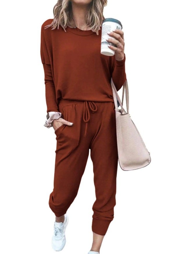 2024 Amazon Autumn New Independent European and American Cross-border Shrimp Womens Home Solid Color Casual Fashion Rust red