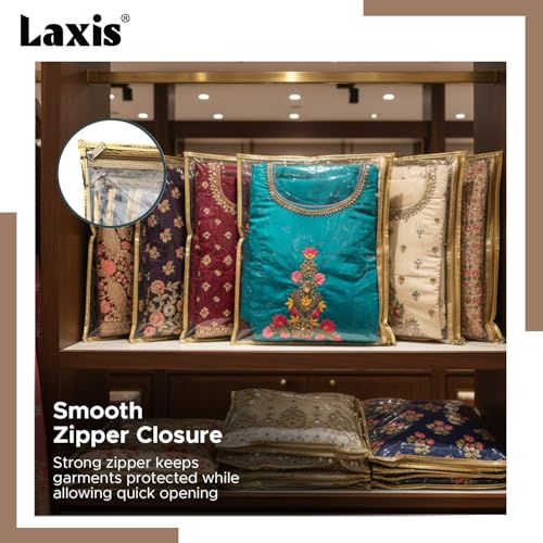 LAXIS® Non-Woven Single Saree Bags Golden Colour, Transparent Saree Covers With Zip, Saree Covers For Storage, Wardrobe Organiser, Size-36x42x2CM (Pack of 10) - Image 5