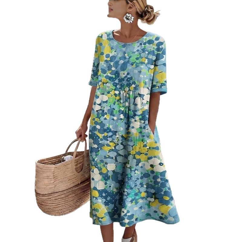 Women's Casual 3D Print V-Neck Short Sleeve Loose Maxi Dress - Image 5
