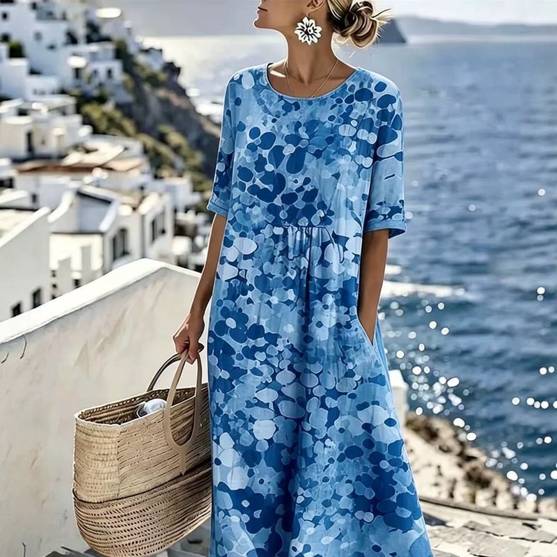 Women's Casual 3D Print V-Neck Short Sleeve Loose Maxi Dress - Image 1