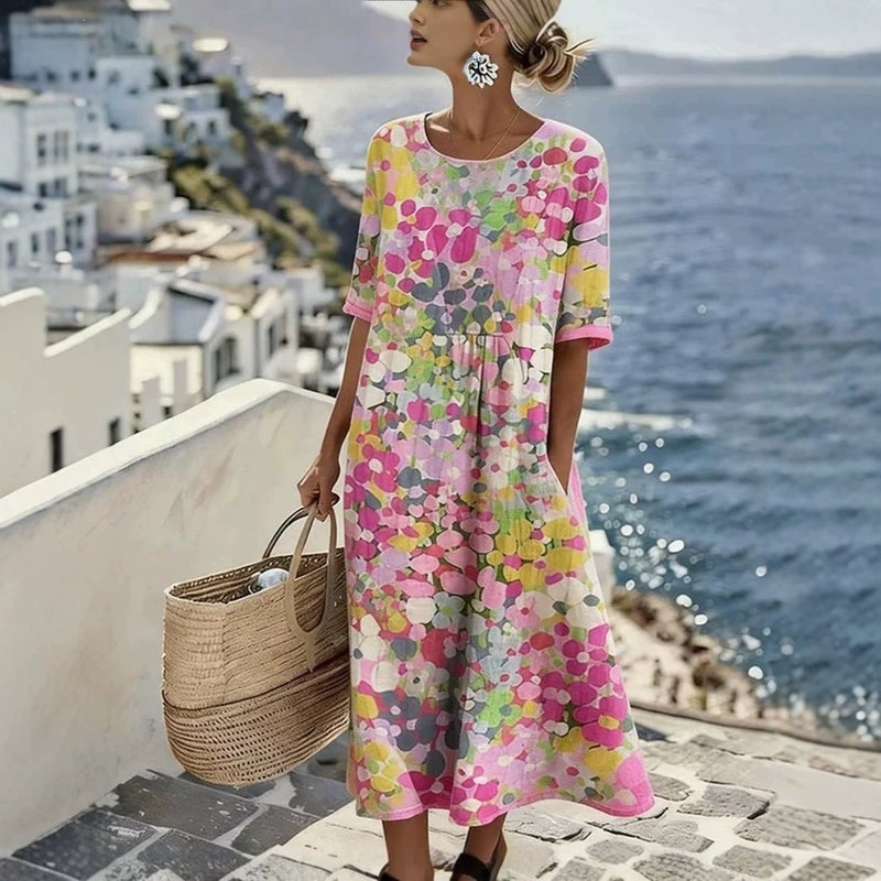 Women's Casual 3D Print V-Neck Short Sleeve Loose Maxi Dress - Image 3